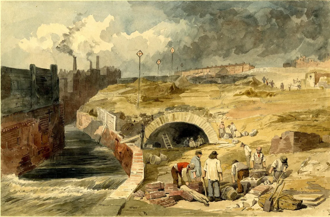 Watercolor painting depicting a group of workers constructing a bridge over a waterway in an industrial landscape, with smokestacks and buildings visible in the background.