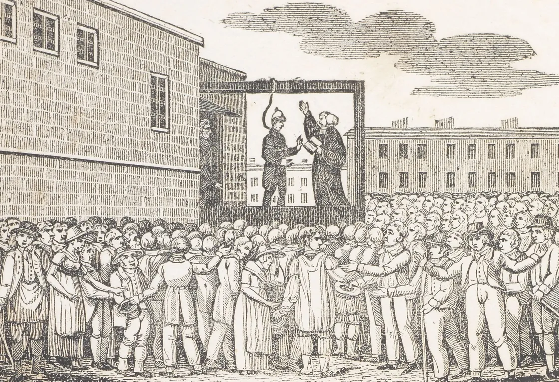 An antique document featuring a detailed illustration at the top and densely packed text describing the execution of john holland and william king in 1822.