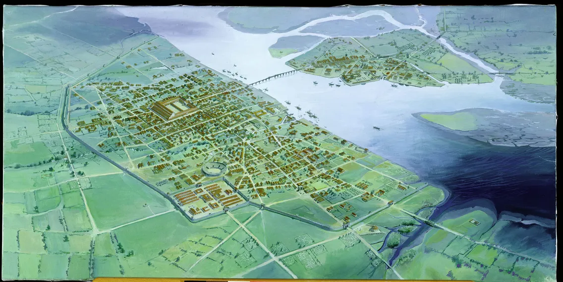 Aerial view illustration of an ancient city by a river, with buildings, streets, and boats visible, surrounded by greenery.