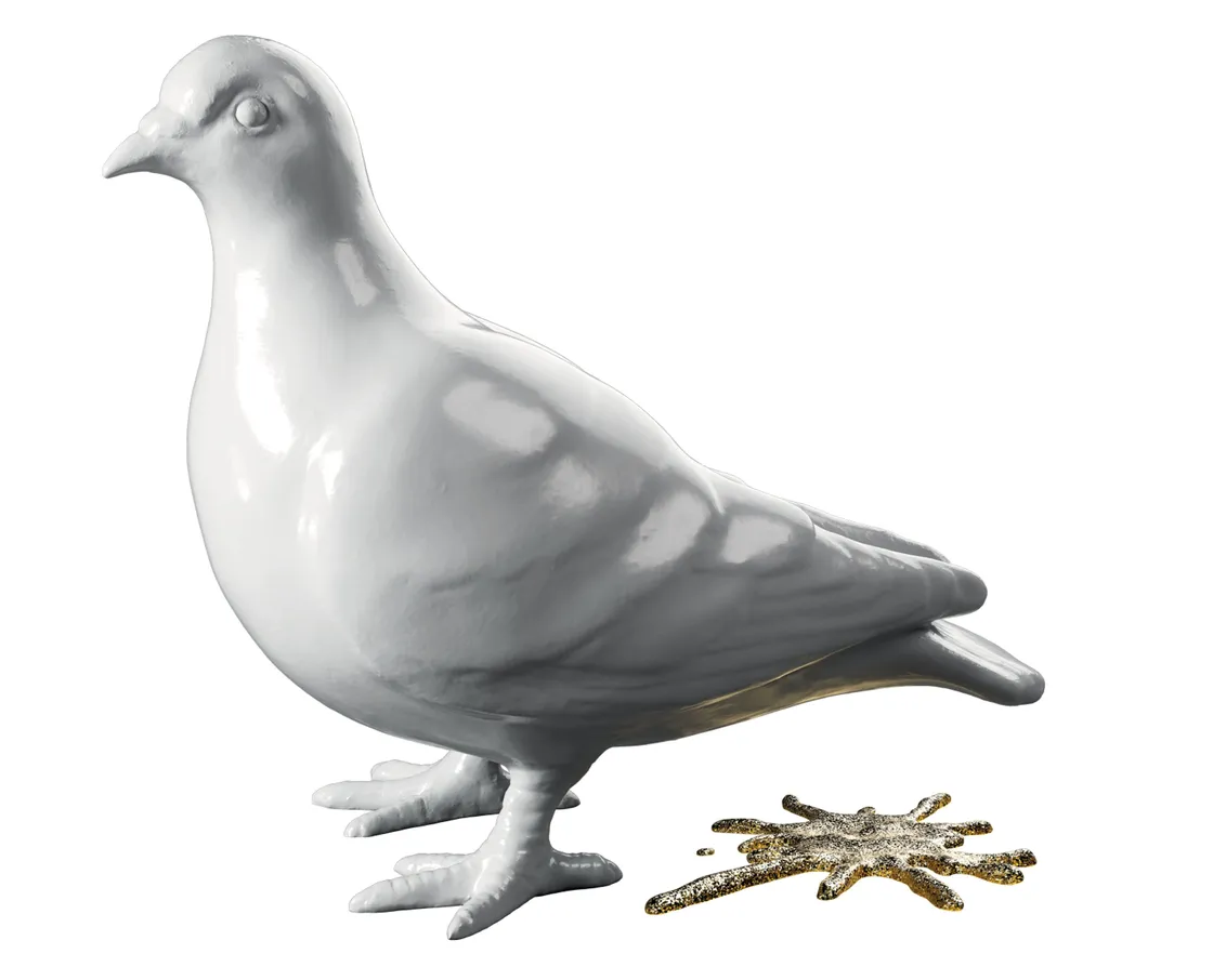 A white ceramic pigeon figurine with a red, white, and blue striped ribbon around its neck stands in front of a weathered brick wall.