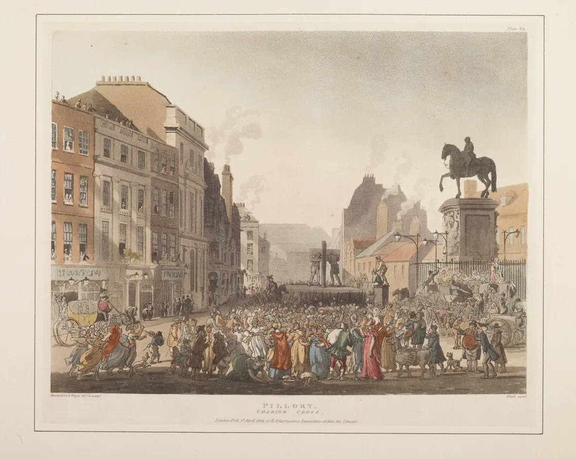Historical print depicting a lively scene at a pillory with crowds, a horse statue, and buildings in the background.