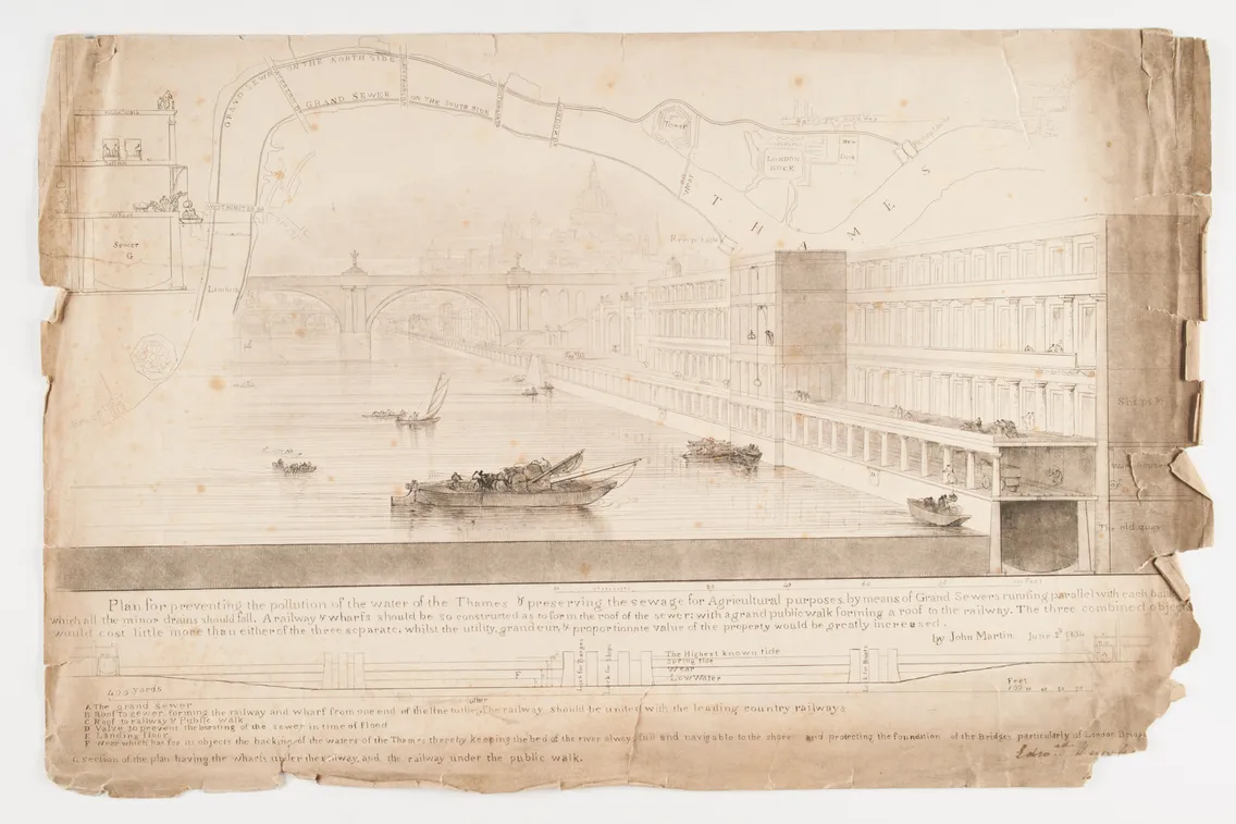 On old browned paper, a sketch of the River Thames, with proposed embankments and notes about intended sewer scheme.