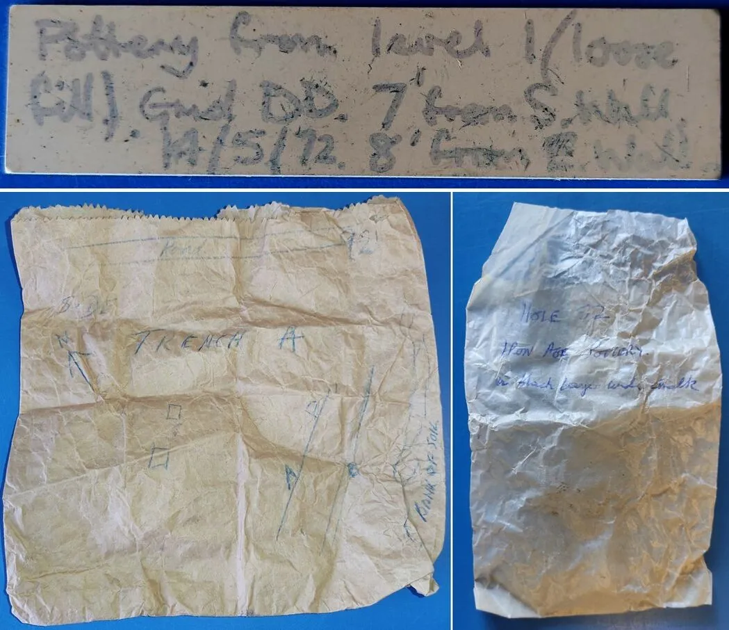 Three partially legible, aged papers. One has handwritten text regarding pottery from a specific site, another appears to be a hand-drawn map, and the third contains smudged notes.