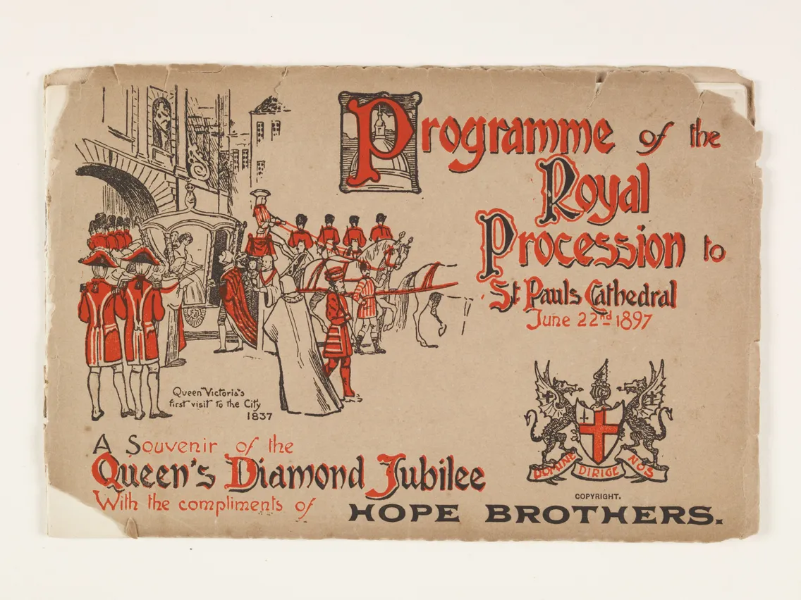 Vintage program cover for the royal procession to st paul's cathedral on june 22nd, 1897, celebrating queen victoria's diamond jubilee, featuring illustrations of guards and a cathedral.
