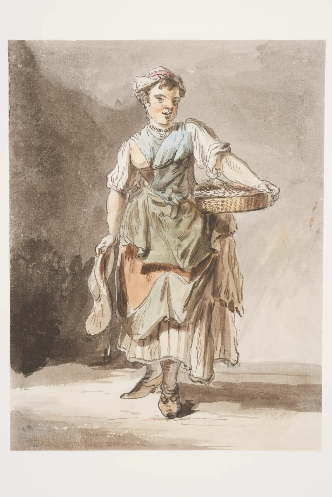 A watercolor painting of a young woman in historical dress, carrying a basket and holding a cloth, standing against a brown background.