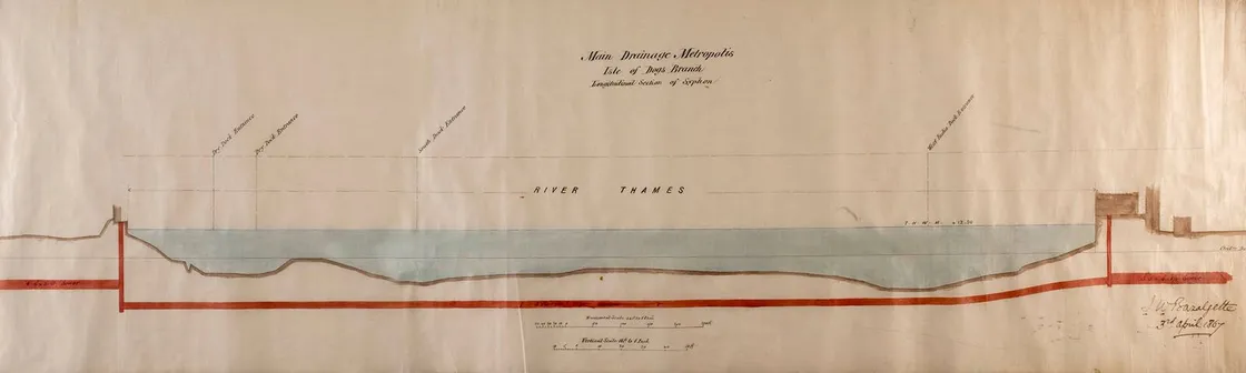 A detailed, hand-drawn architectural cross-section plan of a proposed tunnel under the River Thames, dated 1818. The diagram includes annotations and measurements along the tunnel’s route.
