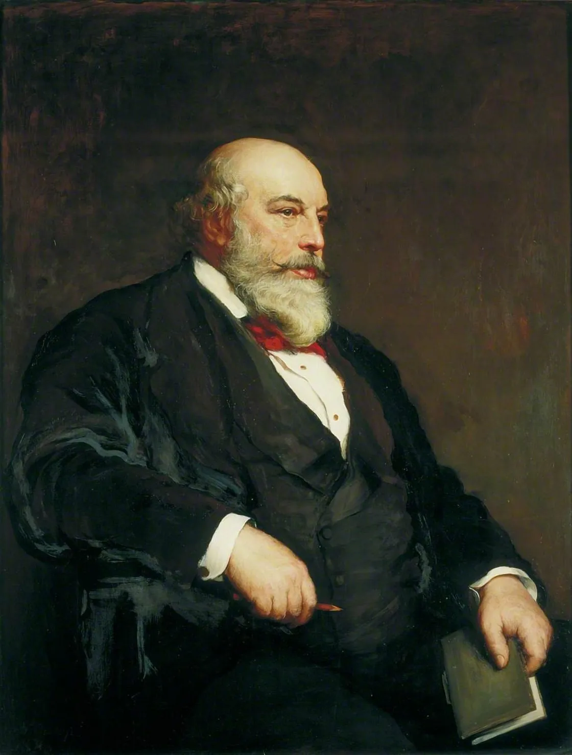 The image shows an old man with a flowing beard, richly dressed in elegant clothing, holding a notebook in one hand and a pencil in the other.
