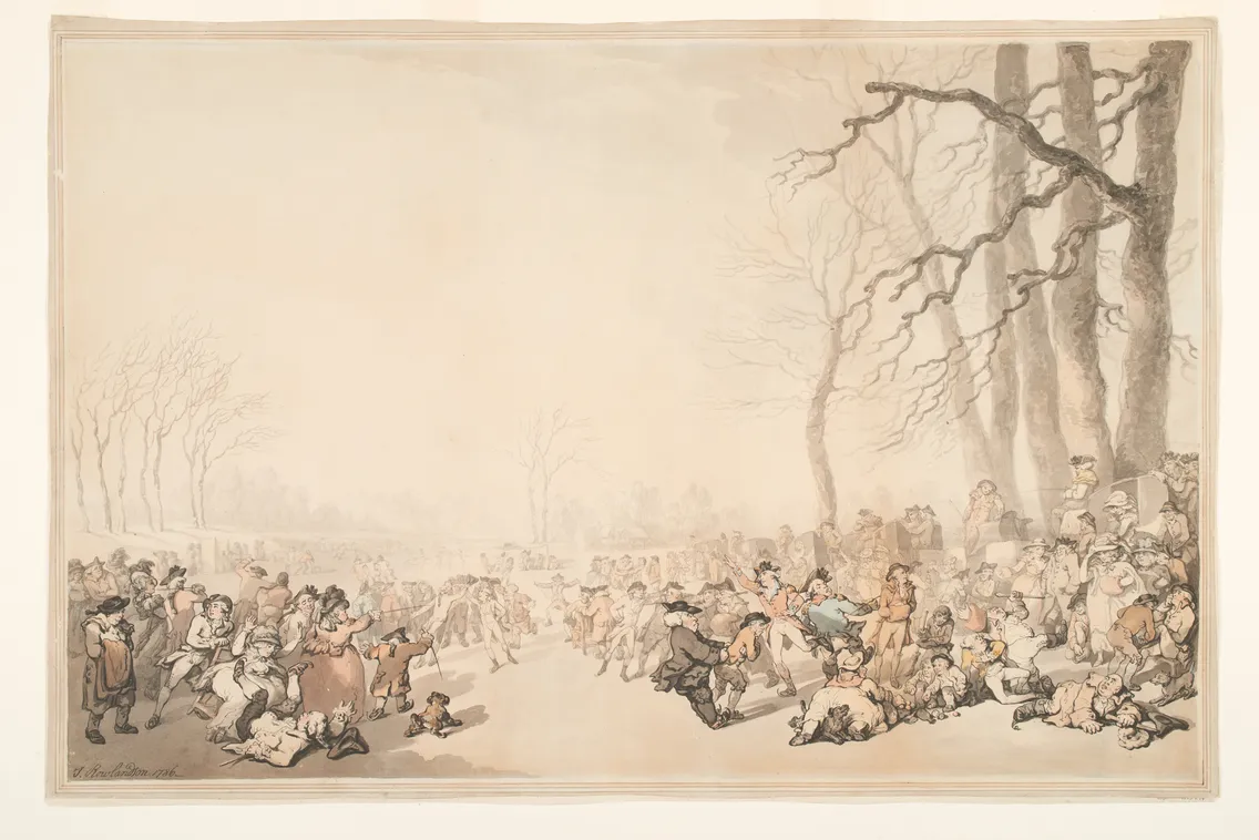 Historical artwork depicting a busy outdoor winter scene with numerous figures, some on horseback, engaged in various activities on a frozen lake under leafless trees.