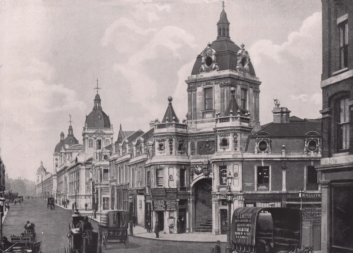 A black and white historical image of the Smithfield Meat Market - General view of the buildings from 1896.