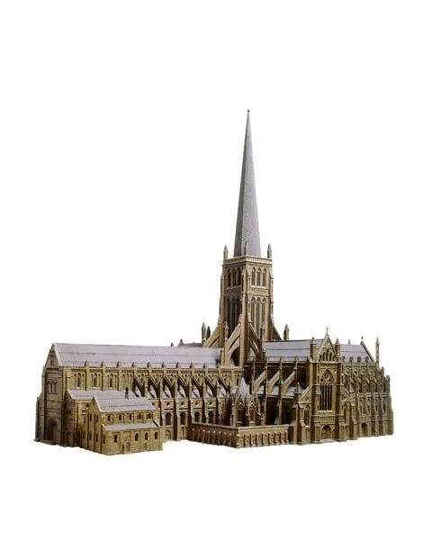 Model of a gothic cathedral with a tall spire and detailed architectural elements, isolated on a white background.