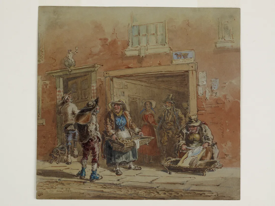 A historical street scene painting depicting a costumed performer with a hobby horse interacting with people, including children and adults near a shop.