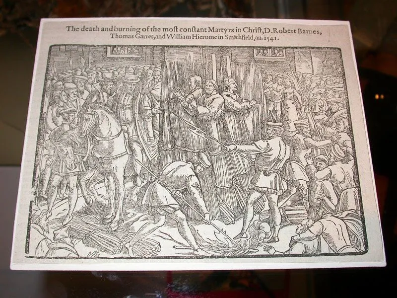Historical engraving depicting the execution of robert barnes, thomas gerrard, and william jerome at smithfield in 1541.