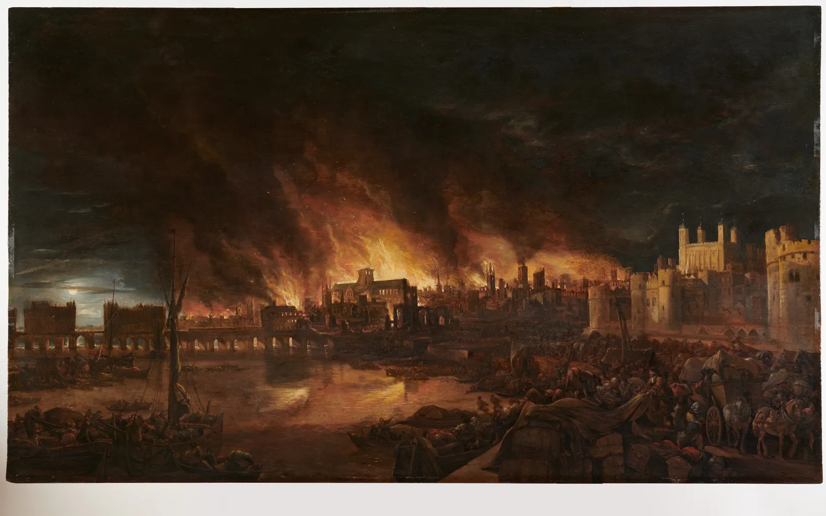 A man and a woman are seated and speaking; the woman gestures with her hands. Behind them is a backdrop depicting a historical fire scene. A tablet is placed on the table in front of the man.