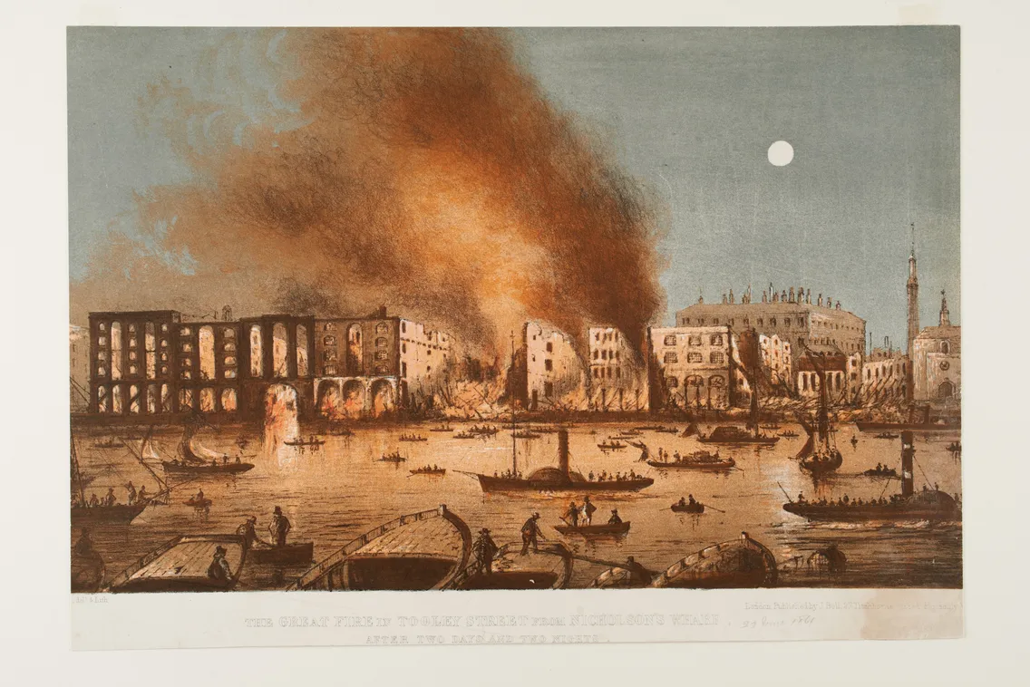 Painting of The Great Fire in Tooley Street, London as seen from Nicholson's Wharf
