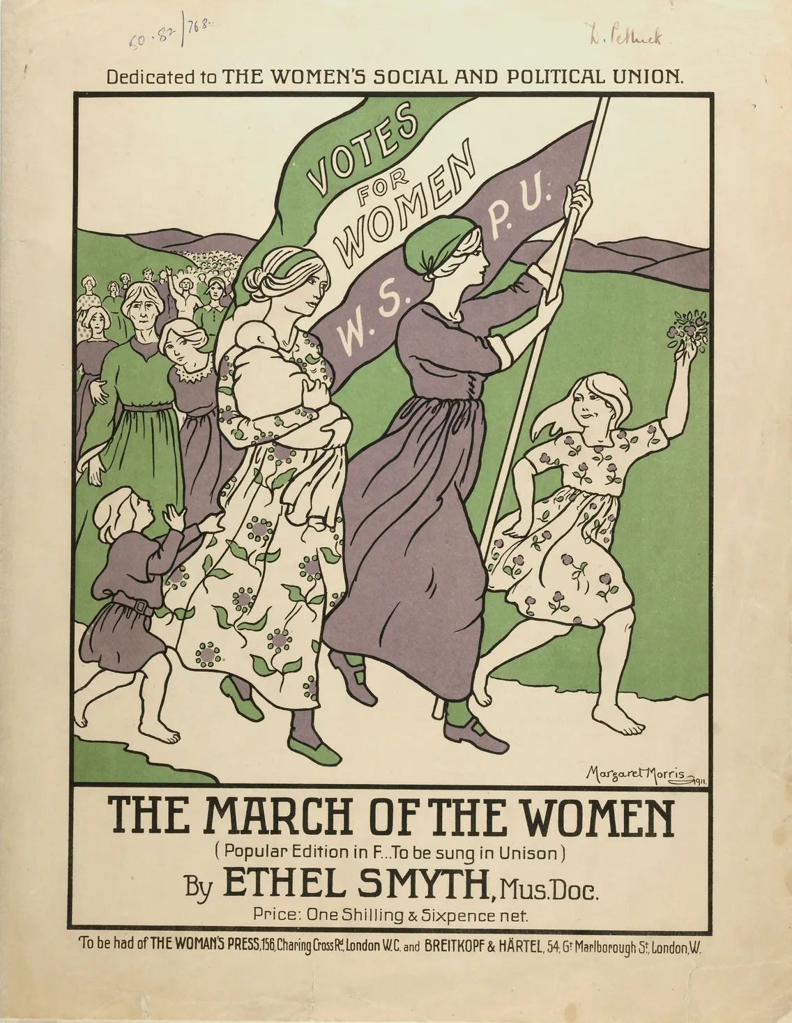 Illustration of women marching with a banner reading "votes for women w.s.p.u." in a suffragette movement poster for "the march of the women" by ethel smyth.