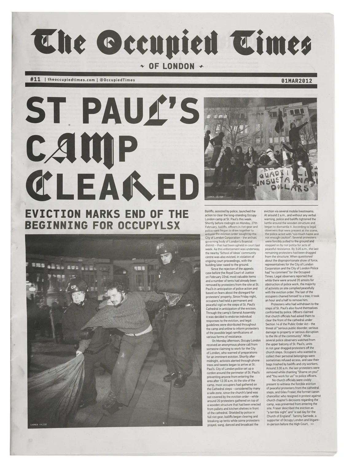 Black and white poster with the text "EVICT US AND WE MULTIPLY" and triangular symbols, attributed to Occupy London.