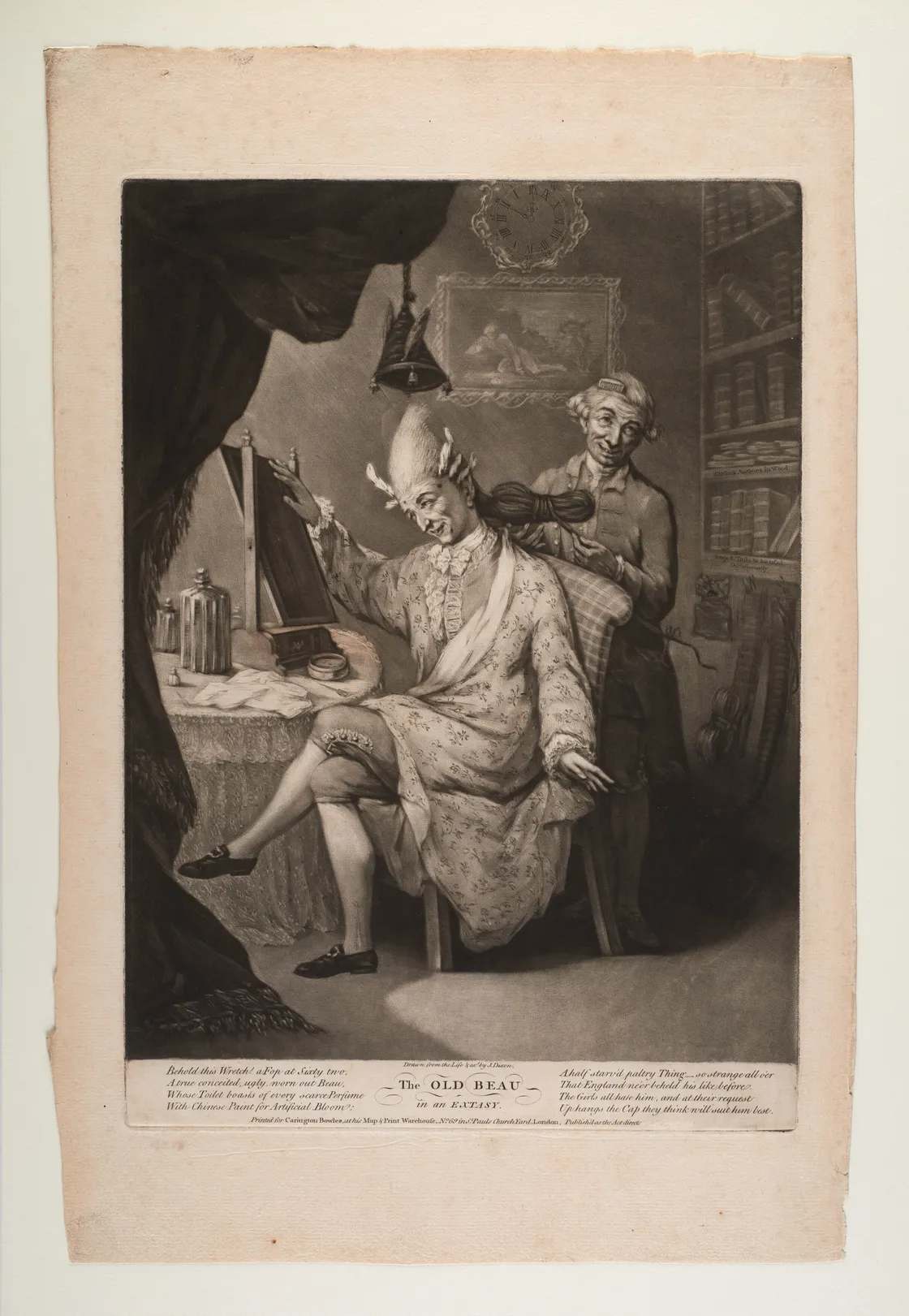 A grayscale etching of a seated man in elaborate attire having his hair styled by another man standing behind him, with various grooming tools on the table.