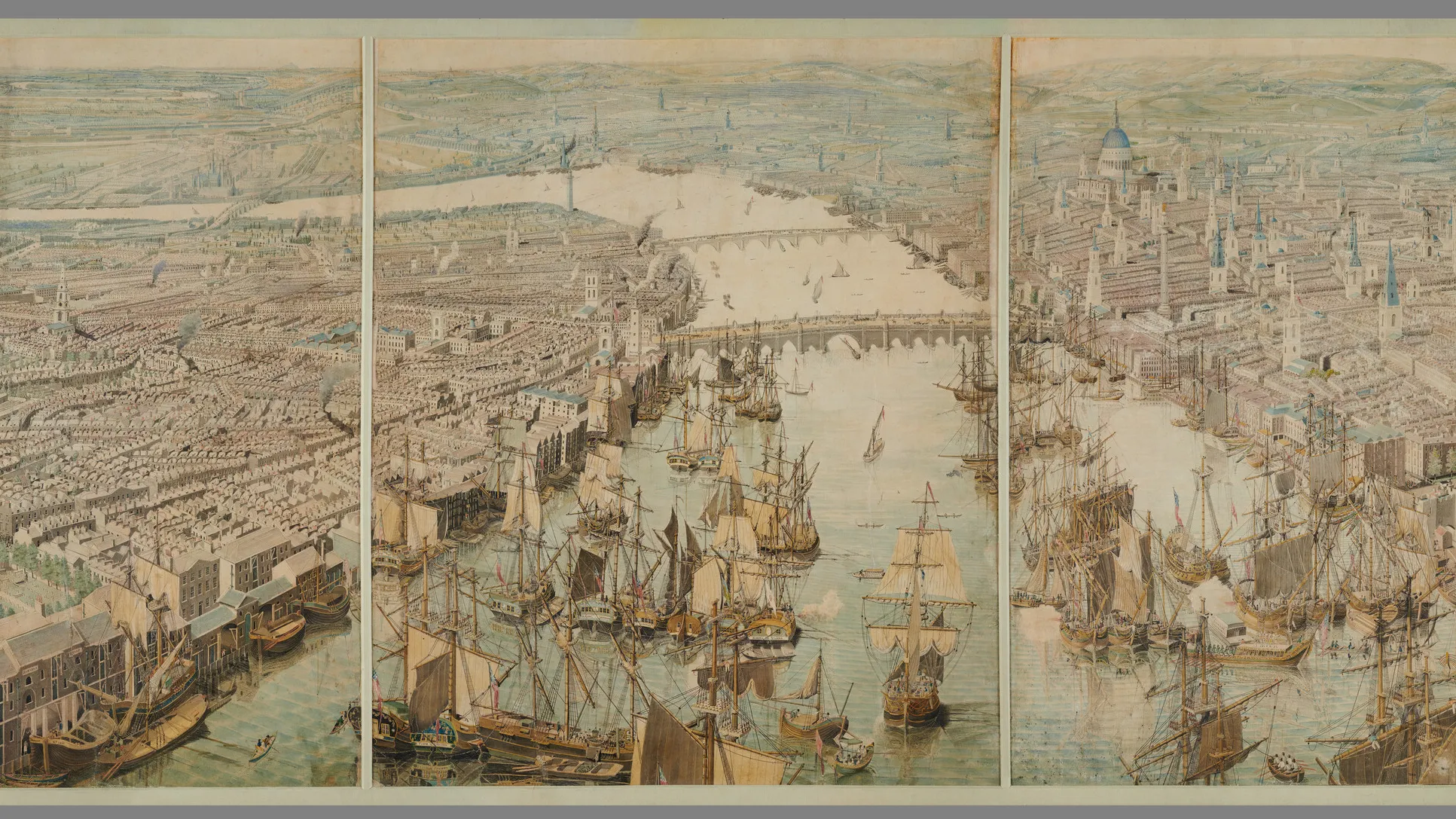 The Rhinebeck Panorama, c.1806-1807. Panoramic View of London from a point above the present day Tower Bridge, looking west.