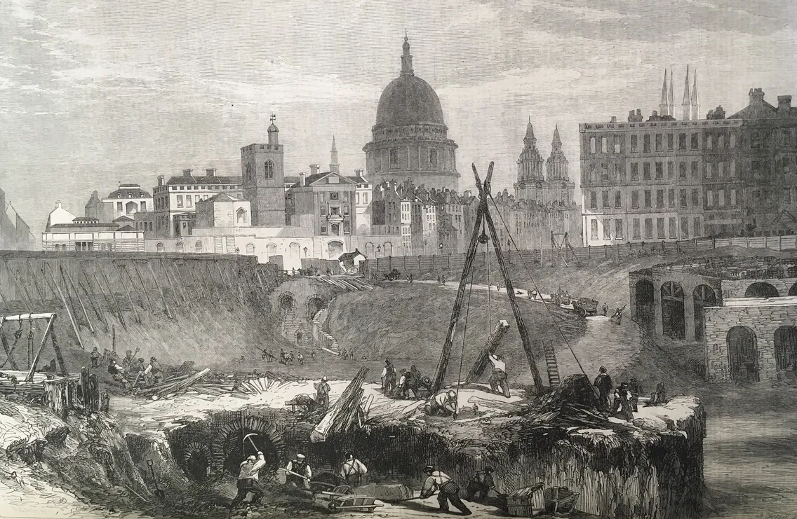 An old black-and-white illustration depicting laborers working on a construction site near a river, with a city skyline featuring domed buildings and spires in the background.