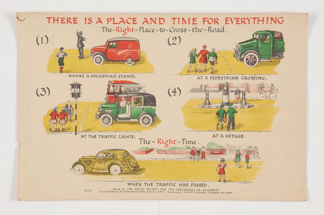 Vintage educational poster illustrating proper road crossing practices at different locations including where a policeman stands, at traffic lights, and pedestrian crossings, with colorful illustrations.