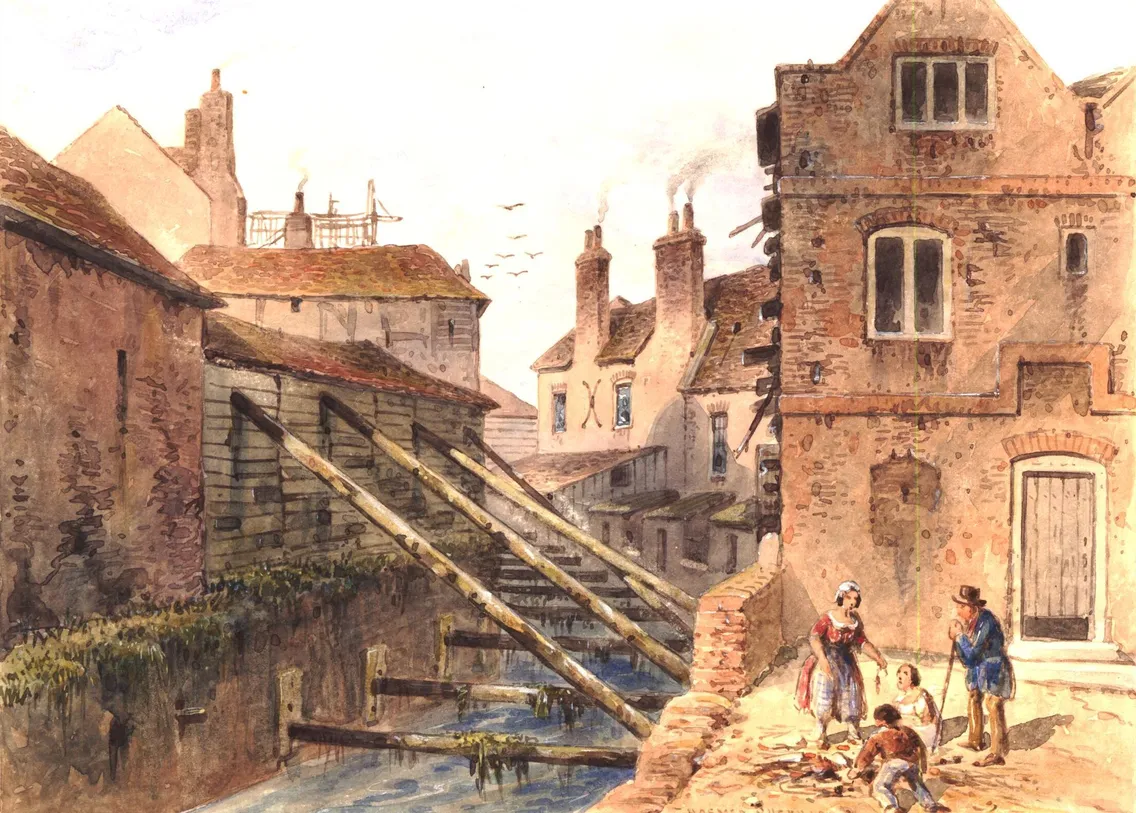 A watercolor depiction of a small river running through historical buildings, a bridge, and townspeople going about their day. Smoke rises from chimneys, and a group of people stand near a brick building.
