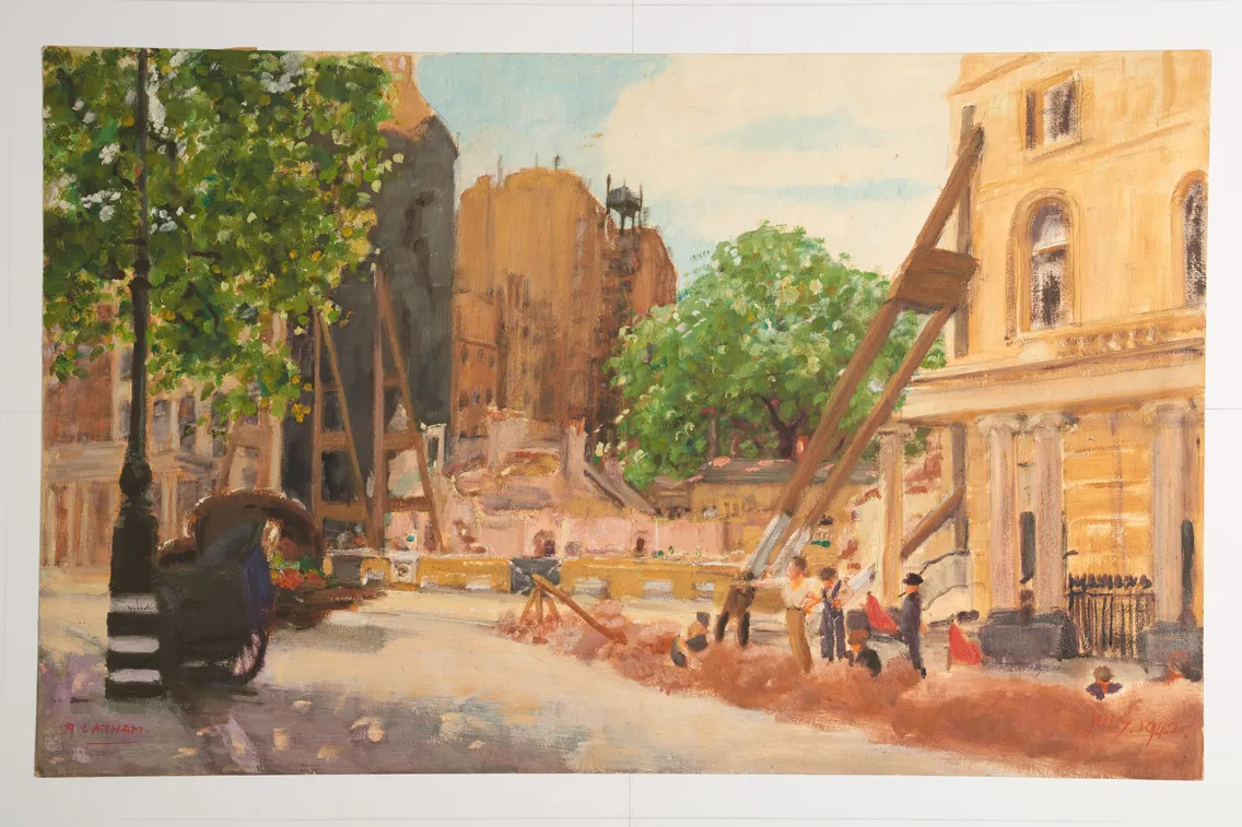 Oil painting depicting a bustling city street scene with buildings, trees, people, and a horse-drawn carriage, executed in warm tones.