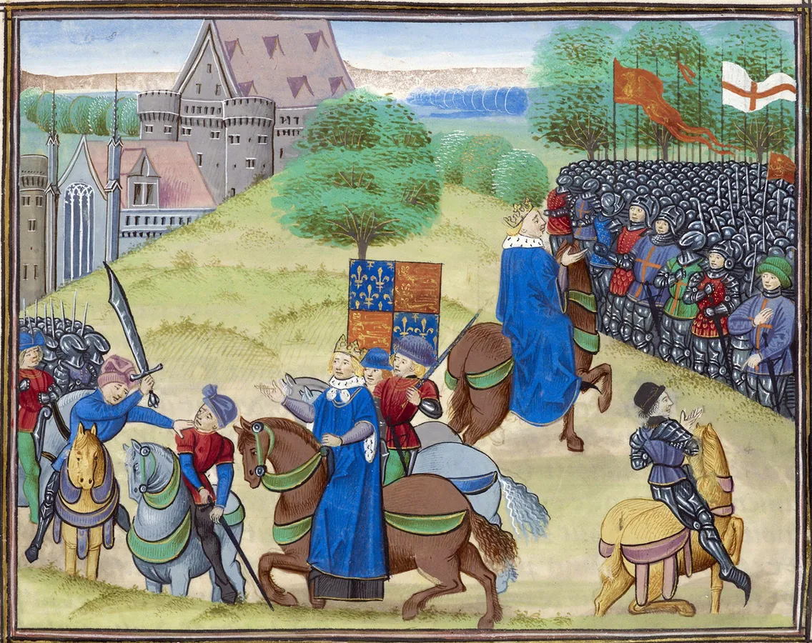Medieval illustration depicting two armored figures on horseback facing a large group of soldiers with flags. Castles are in the background, and several horses and people are present in the foreground.