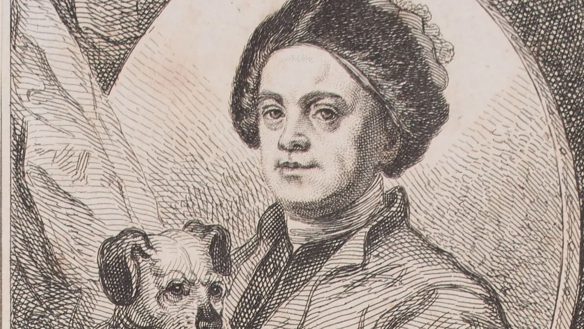 William Hogarth portrait etching which appears in a newspaper cutting